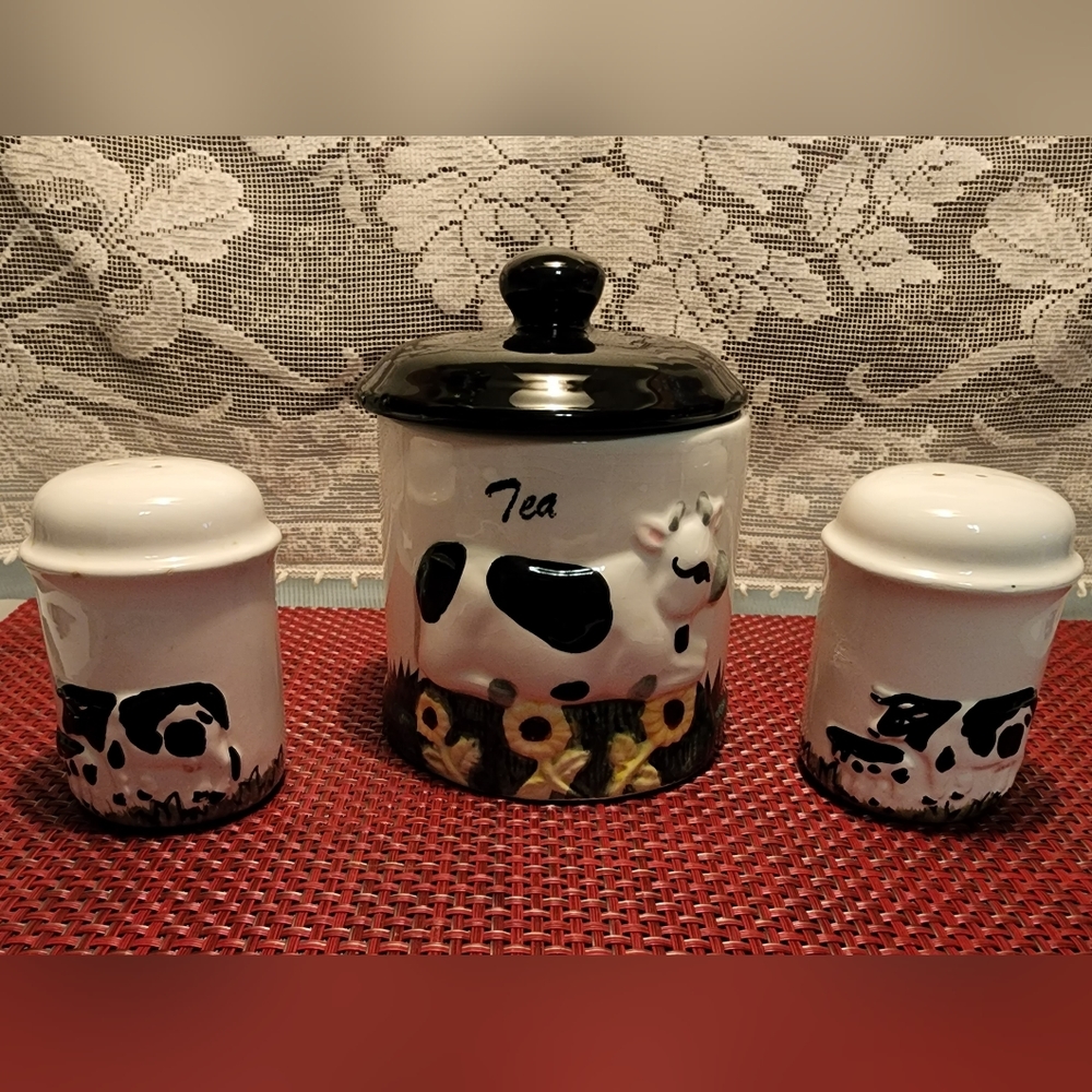 Ceramic Cow Embossed Tea Canister and Salt and Pepper Shaker Set